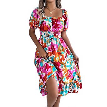 Women's Square Neck Midi Dress Boho Floral Puff Sleeve Off Shoulder Ruffle A Line Dresses
