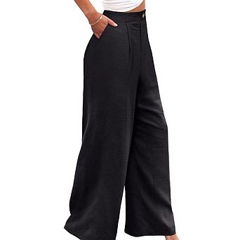 Womens Wide Leg Long Pants Casual Button Up Elastic Waist Business Office Straight Pants with Pocket