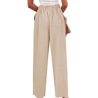 Womens Wide Leg Long Pants Casual Button Up Elastic Waist Business Office Straight Pants with Pocket