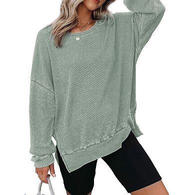 Womens Oversized Sweatshirts Casual Crewneck Long Sleeve Waffle Knit Side Slits Pullover Tops