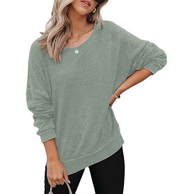 Womens Oversized Sweatshirts Casual Crewneck Long Sleeve Waffle Knit Side Slits Pullover Tops
