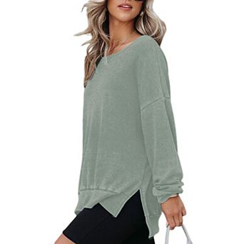 Womens Oversized Sweatshirts Casual Crewneck Long Sleeve Waffle Knit Side Slits Pullover Tops
