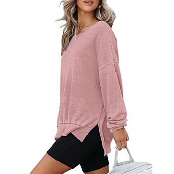 Womens Oversized Sweatshirts Casual Crewneck Long Sleeve Waffle Knit Side Slits Pullover Tops