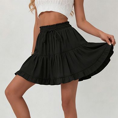 Women's Tiered Ruffle Mini Skirt High Waisted Elastic Waist Drawstring Casual Summer Flowy Skirt