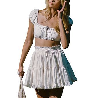 Women's Tiered Ruffle Mini Skirt High Waisted Elastic Waist Drawstring Casual Summer Flowy Skirt