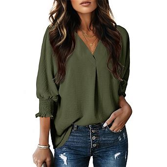 Women's V Neck Blouse - 3/4 Sleeve Smocked Cuff Loose Fit Casual Flowy Tunic Shirt