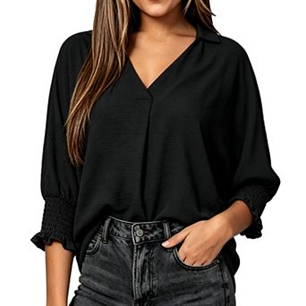 Women's V Neck Blouse - 3/4 Sleeve Smocked Cuff Loose Fit Casual Flowy Tunic Shirt