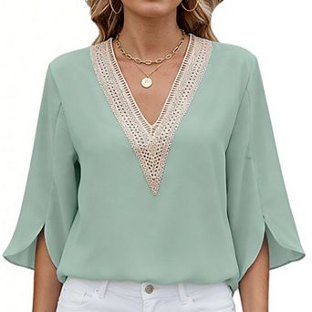 Women's V-Neck Blouse with Lace Detail 3/4 Flared Sleeve Loose-Fit Casual Office Top