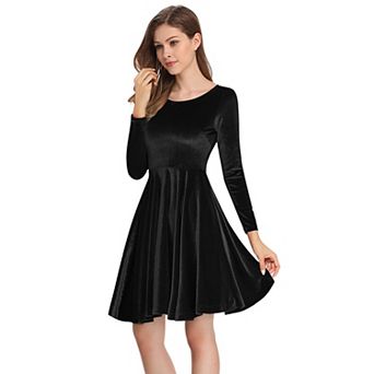 Women's Velvet Fit and Flare Dress Cocktail Party Dress Casual Long Sleeve Round Neck