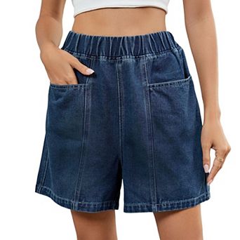 Women's High Waisted Denim Shorts Elastic Waist Casual Loose Fit Jean Shorts with Pockets