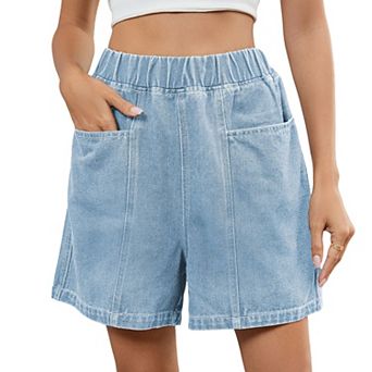 Women's High Waisted Denim Shorts Elastic Waist Casual Loose Fit Jean Shorts with Pockets