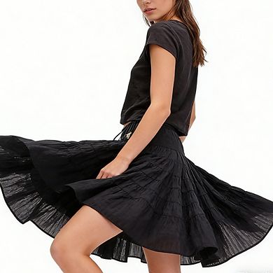 Women's Summer Midi Skirt Drawstring Waist Flowy Ruffled Skirt Lightweight Casual Boho Skirt