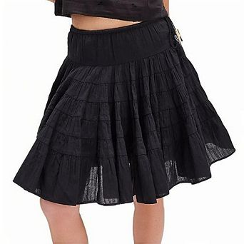 Women's Summer Midi Skirt Drawstring Waist Flowy Ruffled Skirt Lightweight Casual Boho Skirt