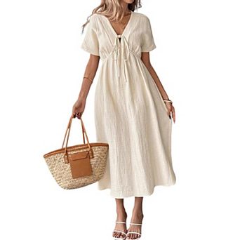 Women's Tie-Front V-Neck Short Sleeve Maxi Dress Casual Summer A Line Swing Sun Long Dress Pocket