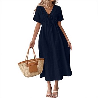 Women's Tie-Front V-Neck Short Sleeve Maxi Dress Casual Summer A Line Swing Sun Long Dress Pocket