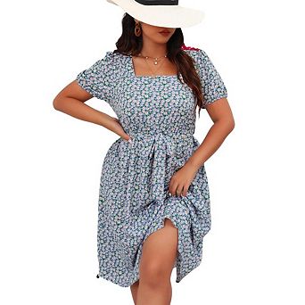 Women’s Plus Size Wrap Square Neck Short Sleeve Ruffle Hem A-Line Knee-Length Summer Dress