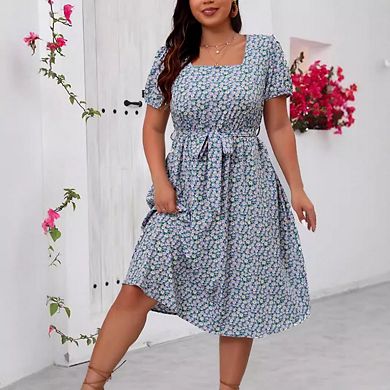 Women’s Plus Size Wrap Square Neck Short Sleeve Ruffle Hem A-Line Knee-Length Summer Dress
