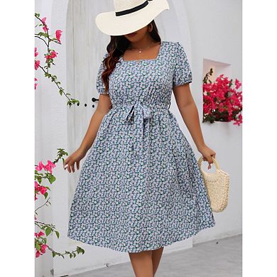 Women’s Plus Size Wrap Square Neck Short Sleeve Ruffle Hem A-Line Knee-Length Summer Dress
