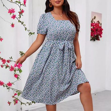 Women’s Plus Size Wrap Square Neck Short Sleeve Ruffle Hem A-Line Knee-Length Summer Dress