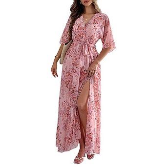 Women's Boho Floral Print Maxi Dress V Neck Half Sleeve High Waist A Line Long Beach Dresses