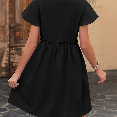 Women Dresses Flutter Sleeves Casual Loose Swing Button Down Midi Dress.