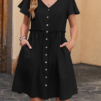 Women Dresses Flutter Sleeves Casual Loose Swing Button Down Midi Dress.