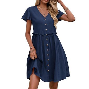 Women Dresses Flutter Sleeves Casual Loose Swing Button Down Midi Dress.