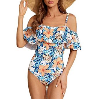 Women's Summer Floral Off-the-Shoulder Ruffled One Piece Swimsuit Vacation Pool Beach Bathing Suit