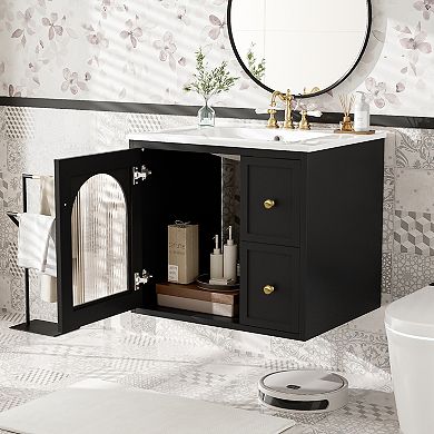 Wall-Mounted Vanity with Sink, 2 Drawers and 1 Soft-Close Door