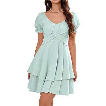 Women's Tiered Ruffle Mini Dress - V-Neck Puff Sleeve A-Line Casual Party Dress