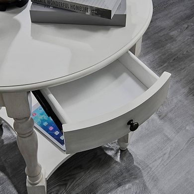 Solid Wood Oval End Table with Drawer Sofa Side Table and Storage Shelf