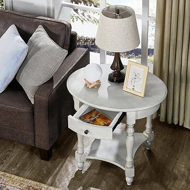 Solid Wood Oval End Table with Drawer Sofa Side Table and Storage Shelf
