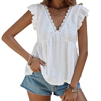 Women's V Neck Ruffle Casual Short Sleeve Blouse Flowy Summer Top