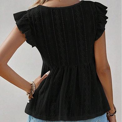 Women's V Neck Ruffle Casual Short Sleeve Blouse Flowy Summer Top