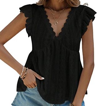 Women's V Neck Ruffle Casual Short Sleeve Blouse Flowy Summer Top
