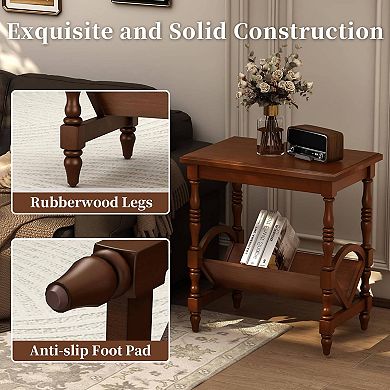 Vintage Wood End Table with Magazine Rack Bedside or Sofa Side Table