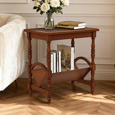 Vintage Wood End Table with Magazine Rack Bedside or Sofa Side Table