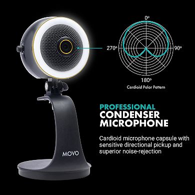 Movo WebMic HD Pro - All-in-One Streaming Webcam, Microphone and LED Ring Light