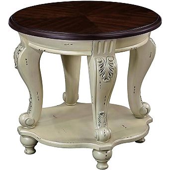 Vintage Small Round Wood End Table Side Table with Elegant Carved Antique Legs