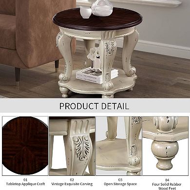 Vintage Small Round Wood End Table Side Table with Elegant Carved Antique Legs