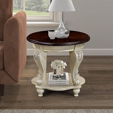 Vintage Small Round Wood End Table Side Table with Elegant Carved Antique Legs