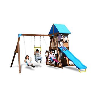 Outdoor Wooden Swing Set with Slide and Fort