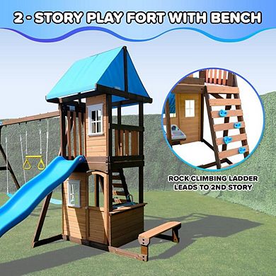 Outdoor Wooden Swing Set with Slide and Fort