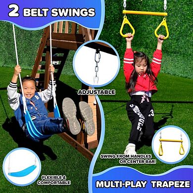 Outdoor Wooden Swing Set with Slide and Fort
