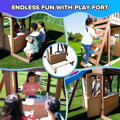 Outdoor Wooden Swing Set with Slide and Fort
