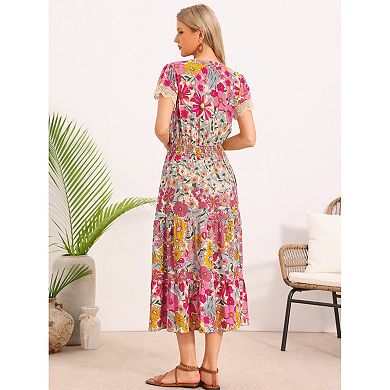 Women's Boho Dresses V Neck Cap Sleeve Smocked A-Line Floral Tiered Flowy Maxi Dresses