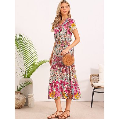 Women's Boho Dresses V Neck Cap Sleeve Smocked A-Line Floral Tiered Flowy Maxi Dresses