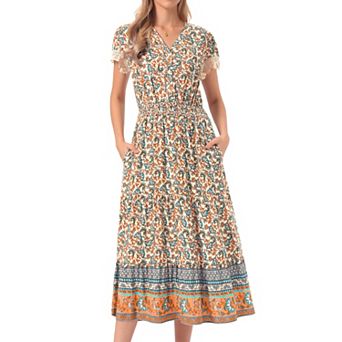 Women's Boho Dresses V Neck Cap Sleeve Smocked A-Line Floral Tiered Flowy Maxi Dresses