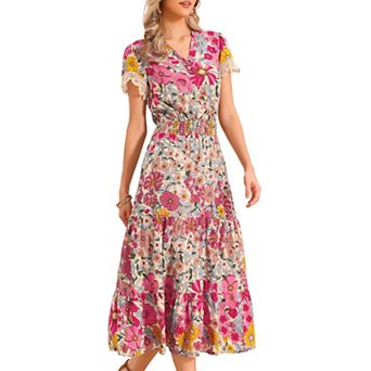 Women's Boho Dresses V Neck Cap Sleeve Smocked A-Line Floral Tiered Flowy Maxi Dresses