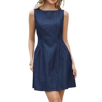 Sleeveless Denim Dress for Women's Casual Tank Boat Neck A-Line Mini Dress